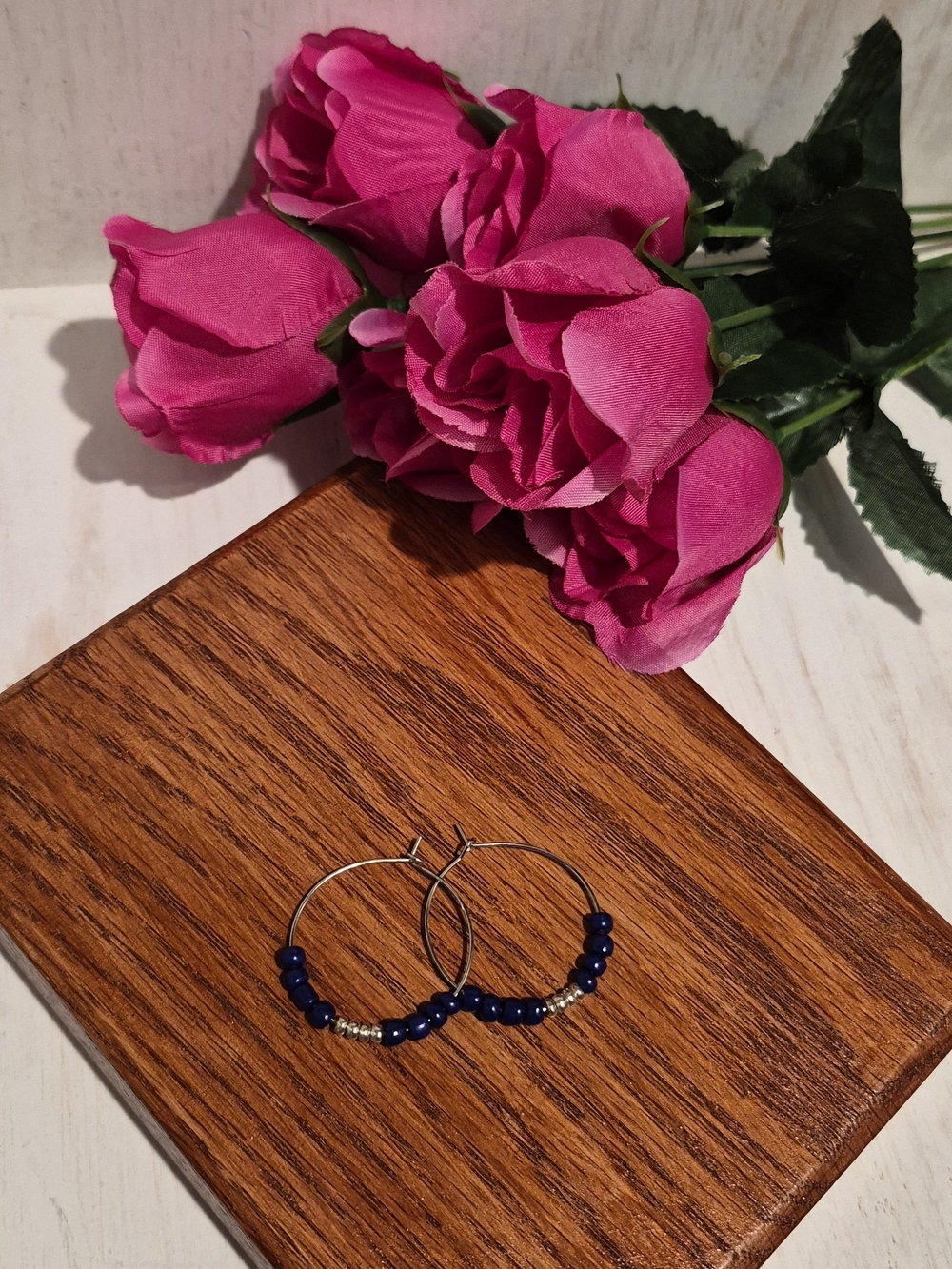 Handmade Silver Hoop Earrings with Navy Blue Beads